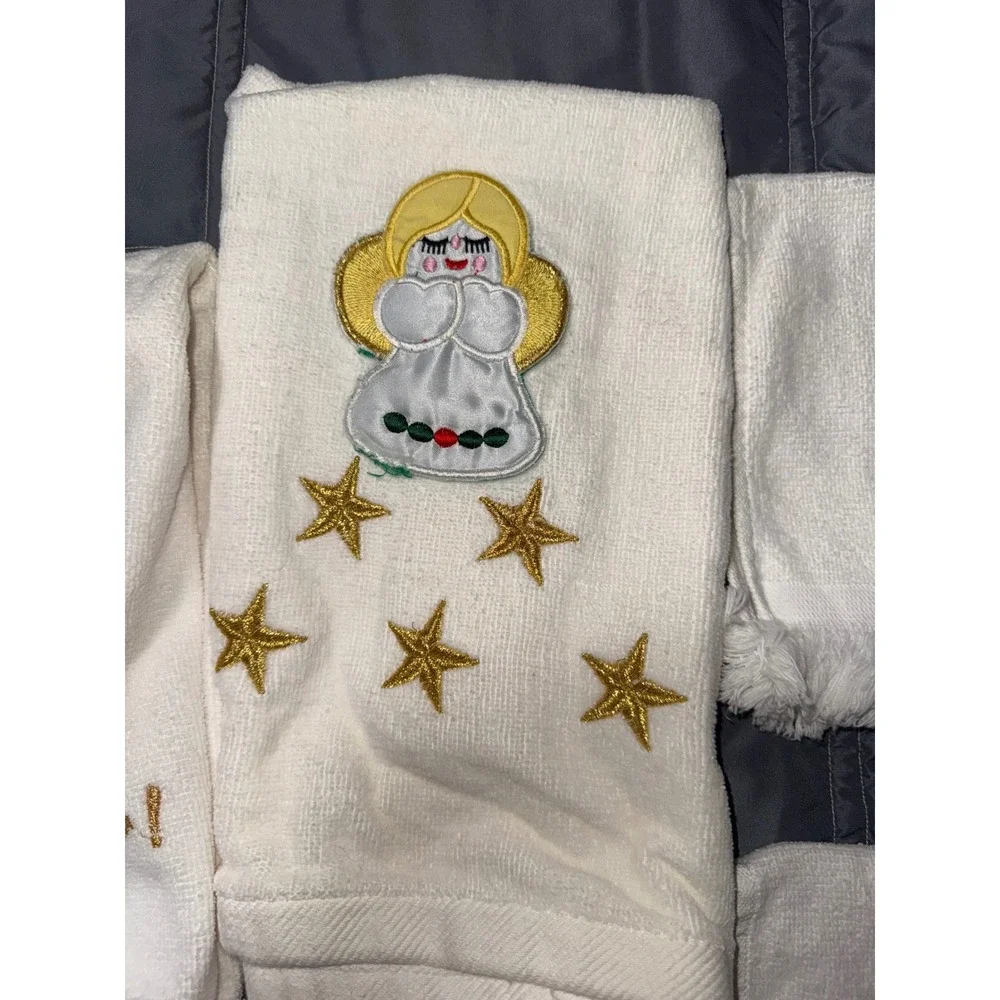Vintage Christmas Hand Towel Set 5pc White Embroidered Angel Let It Snow Fringe
